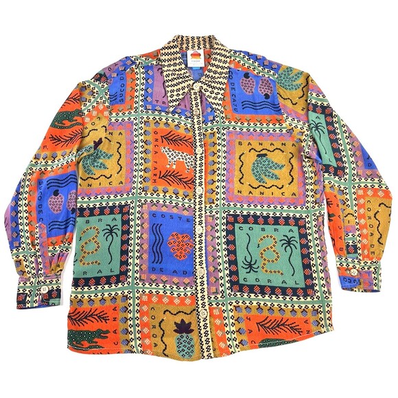 Farm Rio x Anthropologie Blouse Shirt Womens L Button Up BOHO Animals Novelty - Picture 1 of 9